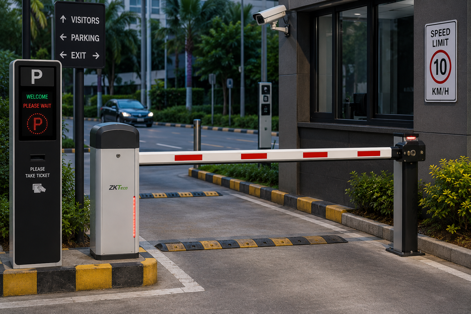 Automated boom barrier with ANPR camera and ticketing kiosk at a corporate campus entrance